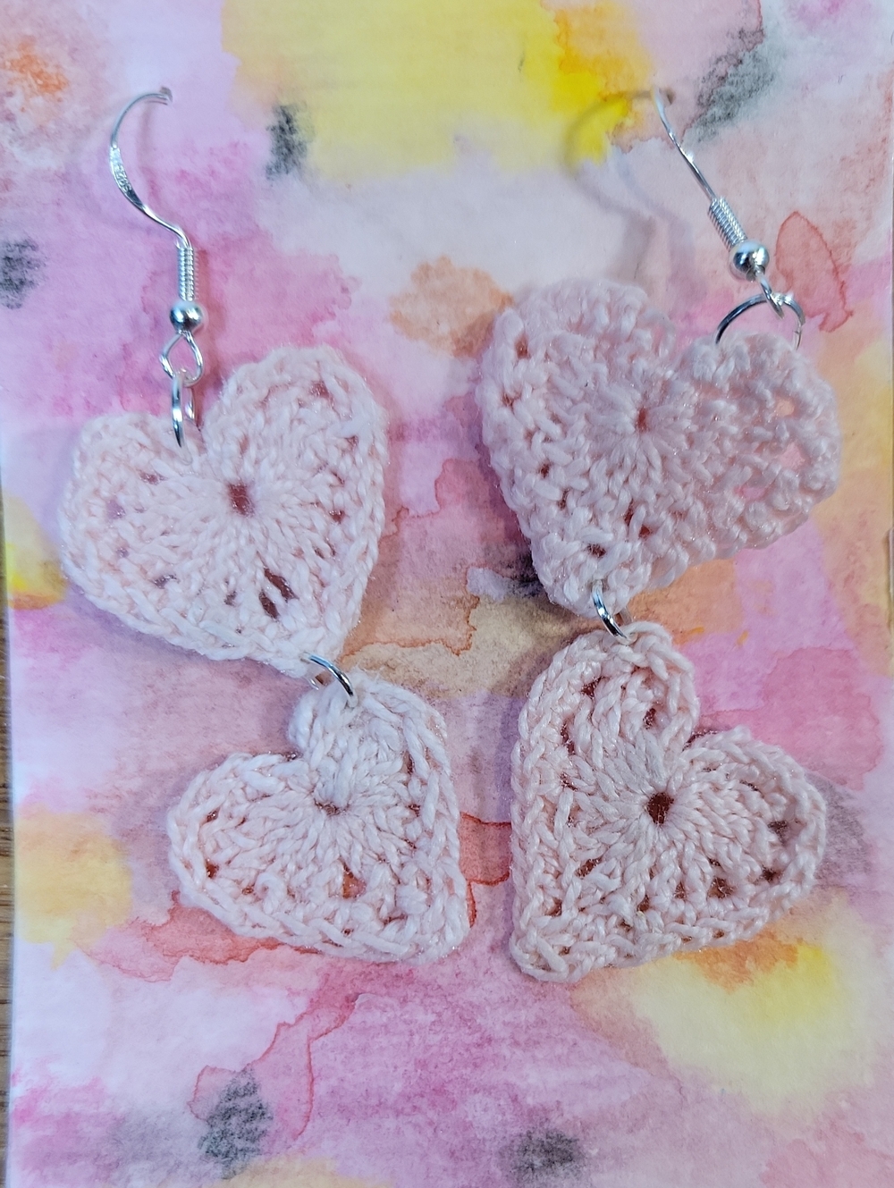 Pink Crochet Heart Dangle Earrings~ 925 Ear Wires~with Original Watercolor ACEO